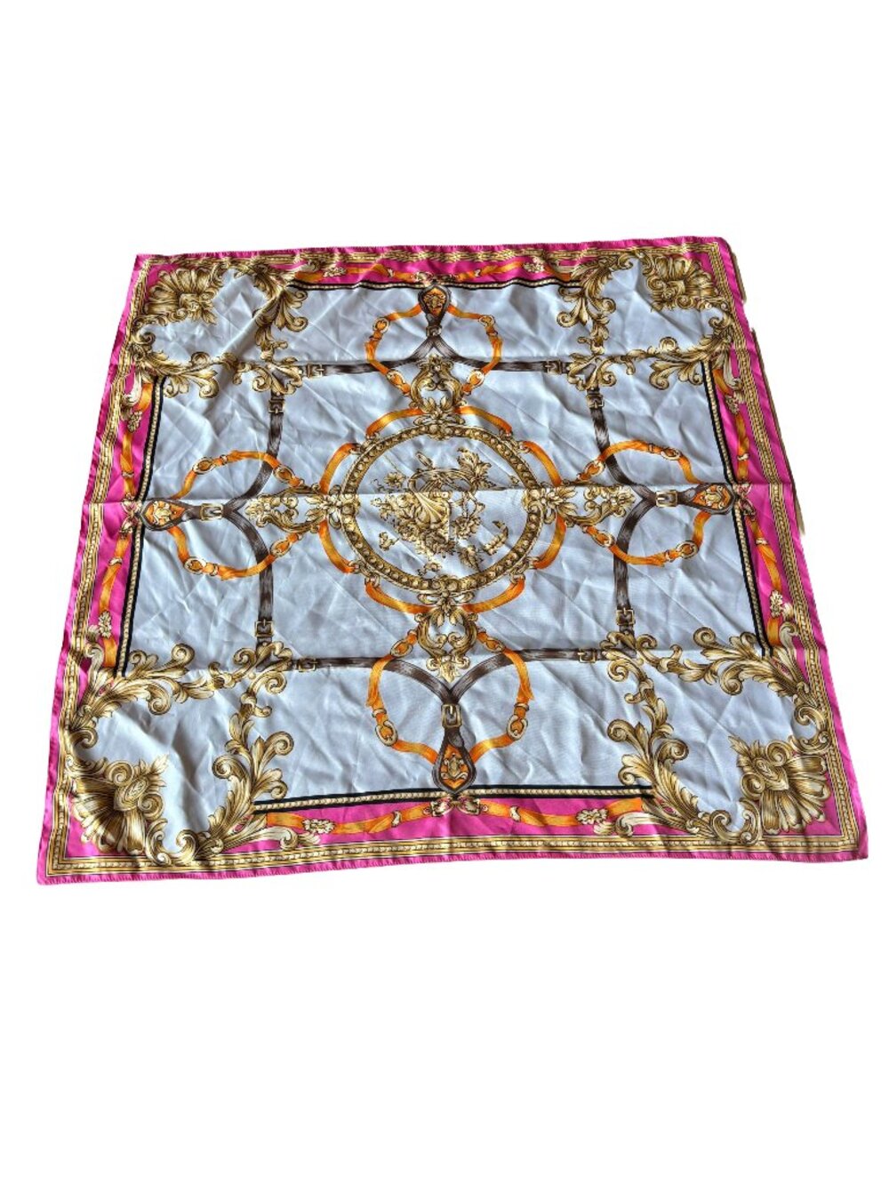 Vintage Orange Creme White Gold Pink Ornamental Belt Fleur de Lis Square Scarf